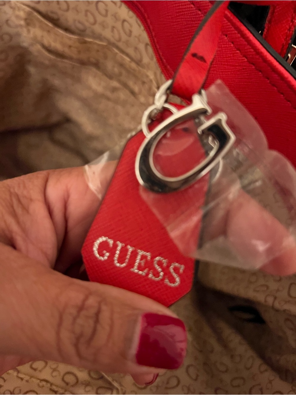 GUESS Red Embossed Leather Tote - Picture 4 of 5